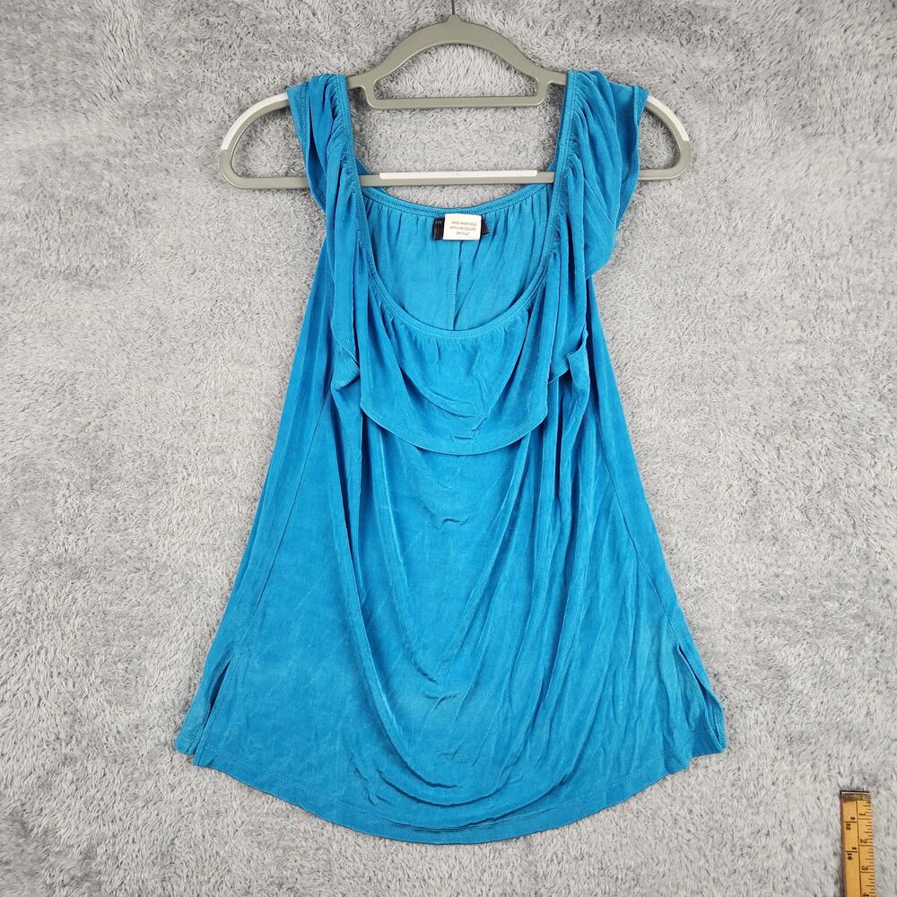 Vintage Slinky Brand Top Womens Medium Blue Babydoll Draped Tunic Stretch USA